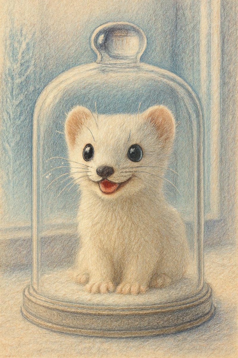 PocketBestiary's tweet photo. 本日の幻獣：霜縁オコジョ
冬にふわふわの毛皮を持ち、大きな目で笑っている小さな動物です。
住んでいそうな場所はどこですか？ 海・森・町から選んでコメントしてください。
フォローしていただけると励みになります。 https://t.co/ER3CcT8P8V