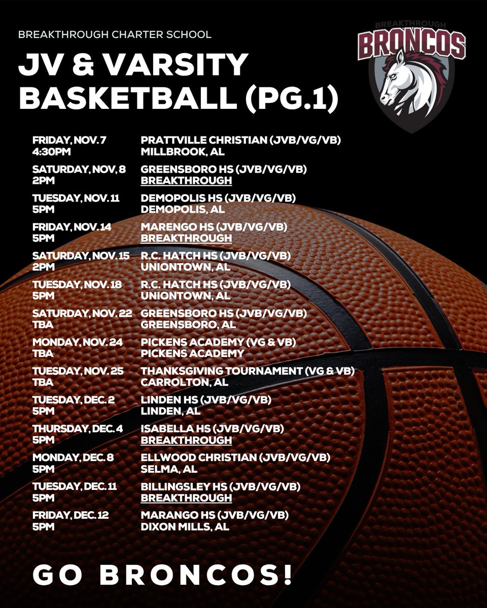 Breakthrough_CS's tweet image. Schedule change for our Junior Varsity and Varsity teams! Our teams will now be playing R.C. Hatch HS on November 18 in Uniontown, AL at 5 p.m. 

Mark your calendars! 🏀