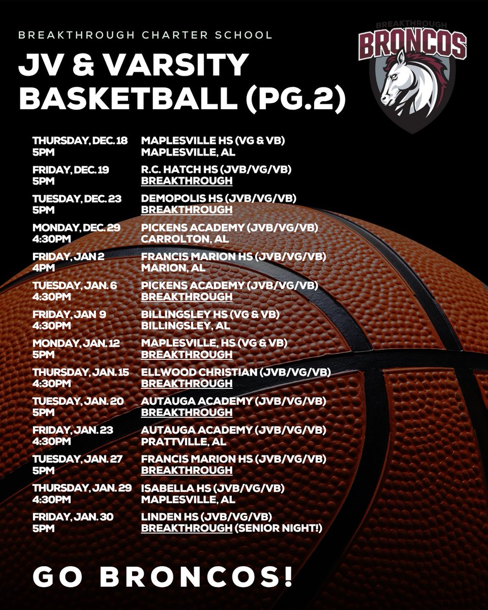 Breakthrough_CS's tweet image. Schedule change for our Junior Varsity and Varsity teams! Our teams will now be playing R.C. Hatch HS on November 18 in Uniontown, AL at 5 p.m. 

Mark your calendars! 🏀