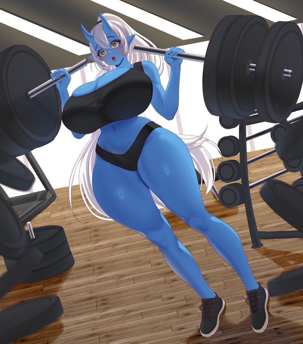 Tita doing her workout routine and doing a overhead shoulder press, seems the bar couldn’t handle the insanely high weight this tall and super strong oni was lifting and gave out far before she did 

Art drawn by <a href="/nachmochok/">Nachmochok (COMMS OPEN)⭐</a>