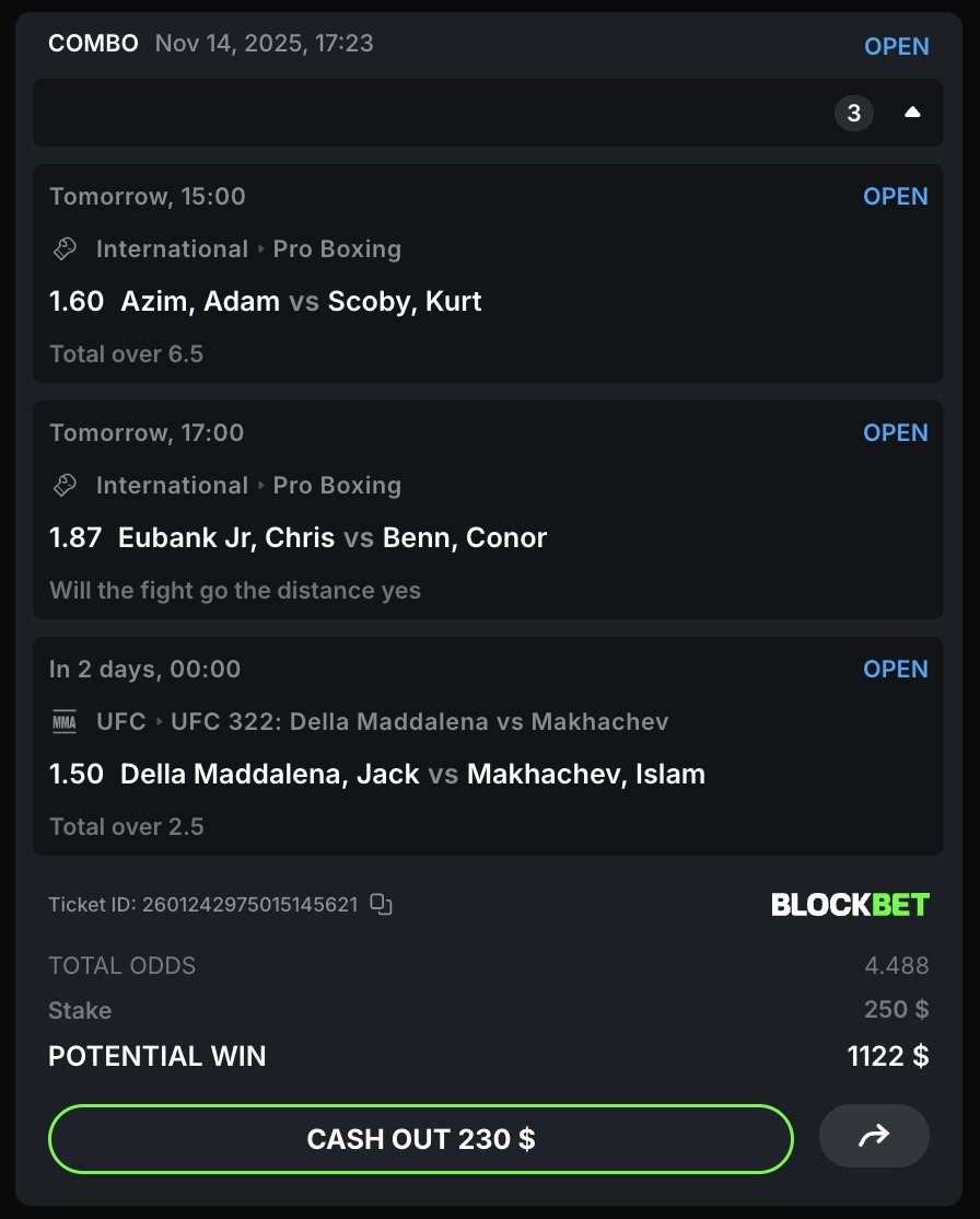 Say less. Consider rent covered.

3-leg parlay locked in for tomorrow’s Boxing/UFC. 

Retweet &amp; drop your <a href="/BlockBetGG/">BLOCKBET 🔋</a> username, $122 to one winner if it hits.