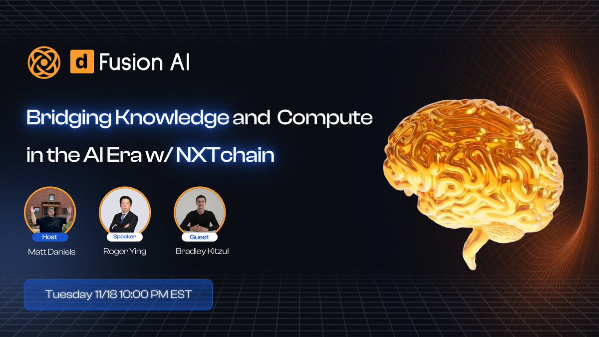 dFusionAI's tweet image. From verifiable intelligence to distributed compute, the new AI stack is forming.

Come hang out with us and @NXT_Chain on Tuesday as we go deeper into how these layers evolve, where they collide, and what it means for the future of AI infrastructure.

Set your reminders 👇