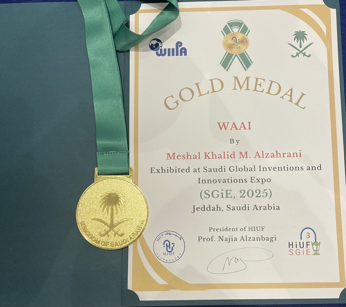 الحمد لله والمِنّة، تشرفت امس بفضل الله بحصولي على الميدالية الذهبية و الجائزة الخاصة في المعرض السعودي للابتكار والاختراع SGiE 2025
التابع لمنظمة WIIPA العالمية.

إنجاز أعتزّ به، وأهديه لكل من كان سندًا وداعمًا في هذه الرحلة… دعاءً وتشجيعًا ووقفةً طيبة لا تُنسى.
والفضل لله