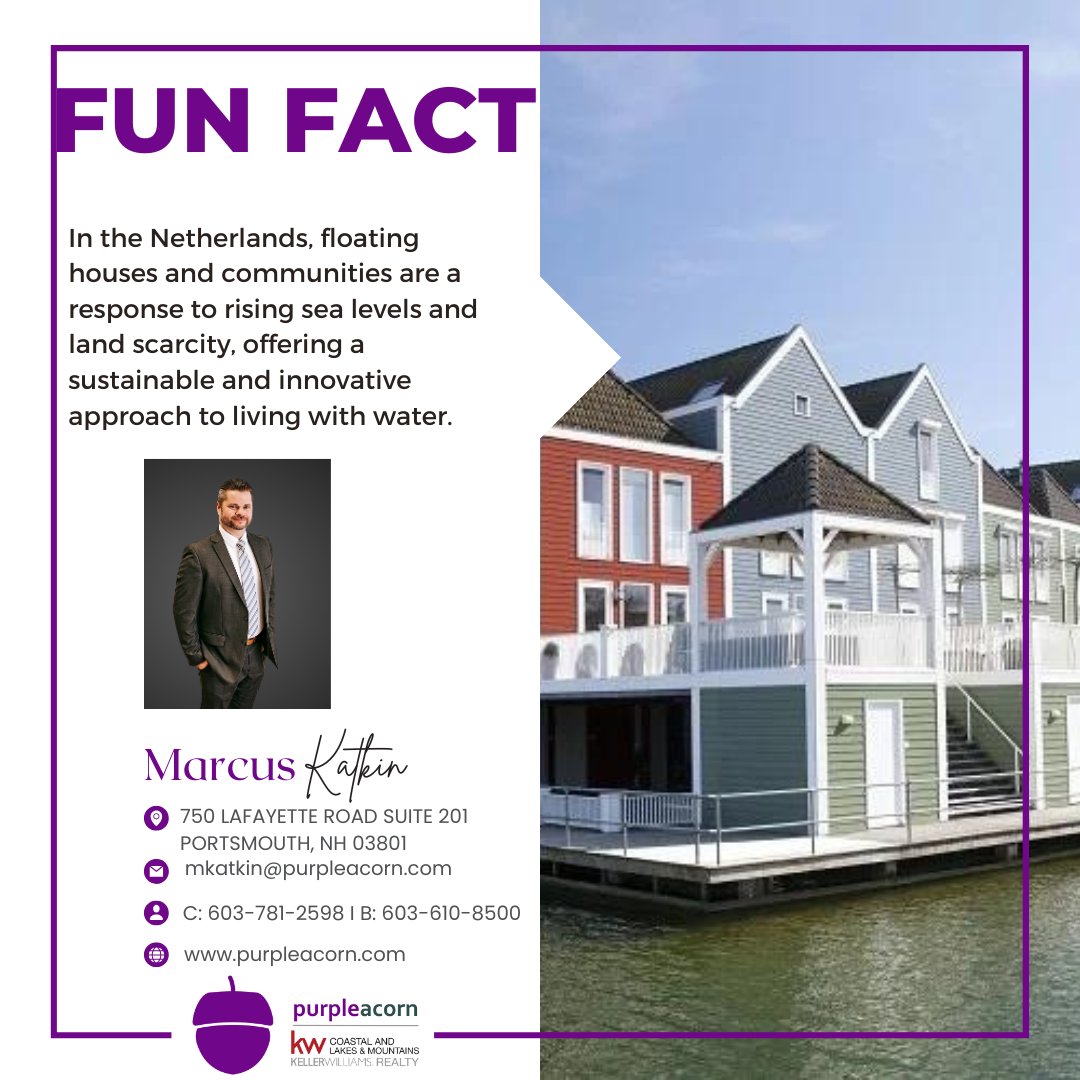 MarcusKatkin's tweet image. 🌊 Friday Fun Fact: In the Netherlands, floating homes are a smart solution to rising sea levels—living with water, not against it! 🏡 Innovation meets sustainability. #FridayFunFact #FloatingHomes #MarcusKatkin #PurpleAcorn #KWCoastalRealty