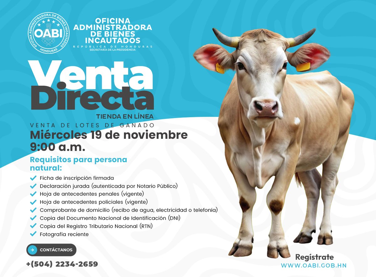 #LaNuevaOABISiCumple | Inicia la Venta Directa de Lotes de Ganado.
📅 Miércoles 19 de noviembre desde las 9:00 a.m.
Solo para participantes registrados.
Inscribite en 👉 oabi.gob.hn
¡No dejés pasar esta oportunidad!