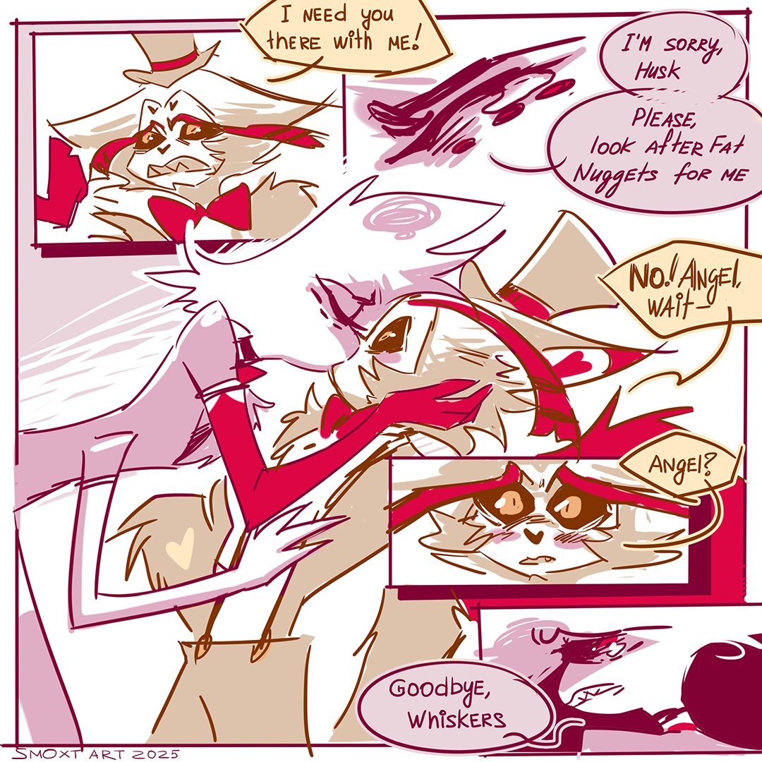 Smoxtart's tweet image. I made myself sad! Now I&apos;m gonna make YOU sad.
I&apos;m anxious about what Vox said... that Angel&apos;s time at the hotel come to an end. So here&apos;re my delulu predictions for ep 7-8.
#huskerdust #angeldust #husk