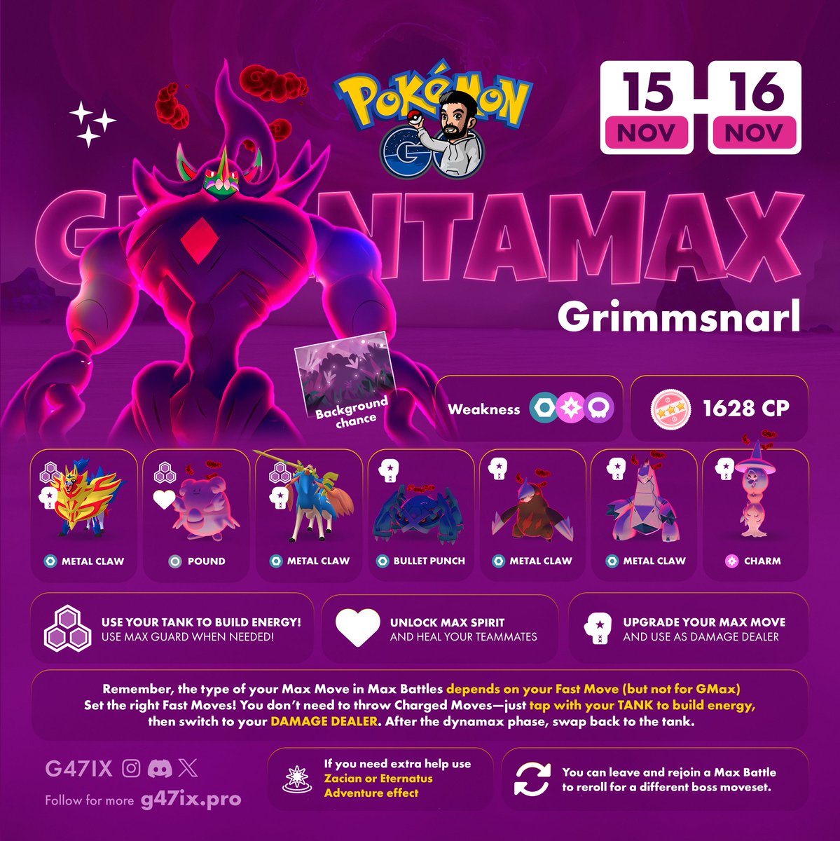 g47ix's tweet image. 🕸️ G-Max Grimmsnarl will be available in Max Battles during GO Wild Area Global

🌈 It may appear with a special background if you&apos;re lucky!
✨ If you&apos;re lucky, you might find a Shiny!

More counters ➡️ Pokebattler_com
#PokemonGO