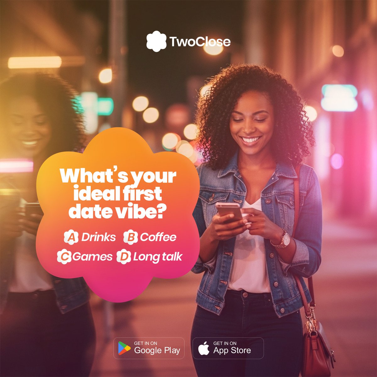 Twocloseapp's tweet image. Everyone has a first-date style… what’s yours? 😌
Drinks, coffee, games or a long talk? Tell us! 

#TwoClose #FirstDateVibes #DatingApp