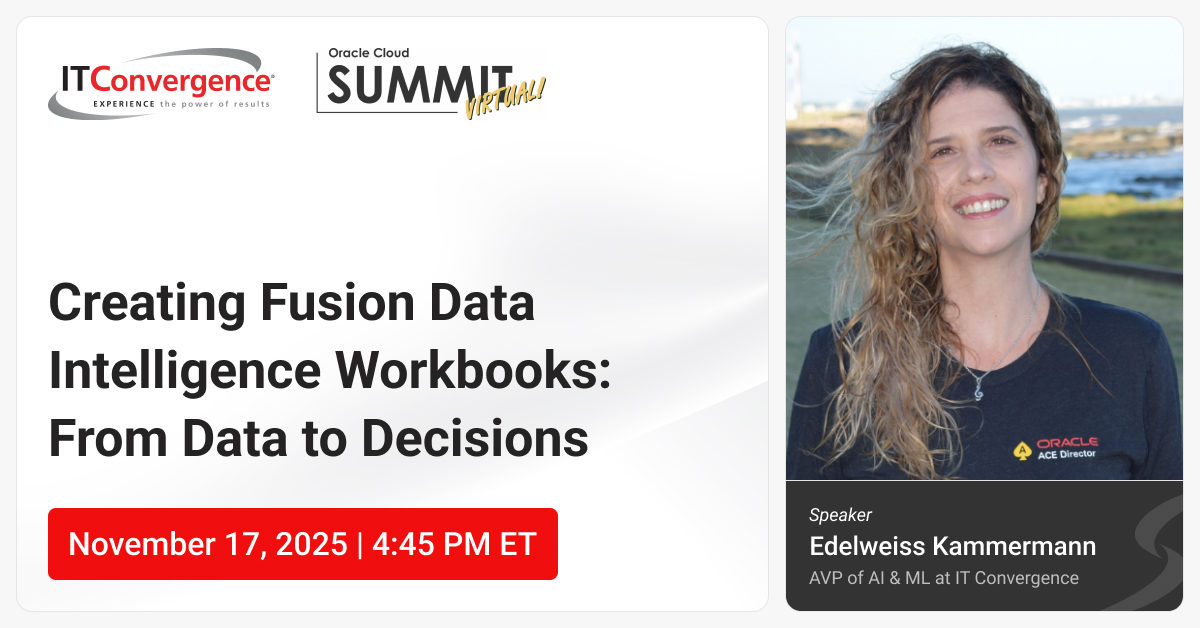 IT_Convergence's tweet image. Ready to turn your Fusion data into smarter decisions?

Join us at #OracleCloudSummit2025 as @EdelweissK, shows how to build your first #FDI workbook, explore Fusion data like a pro, visualize KPIs, and apply AI insights
itconvergence.com/tradeshow/orac…

#FusionDataIntelligence #Analytics