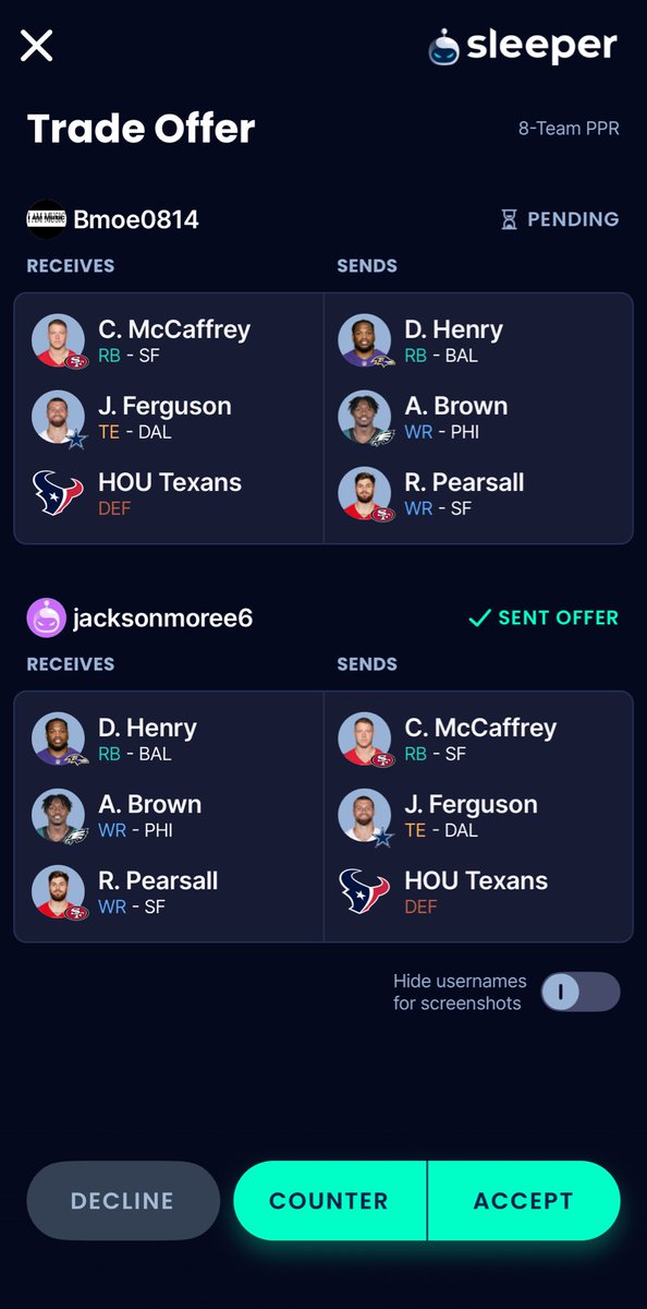 Bmoe0814M's tweet photo. @SleeperHQ Who wins this trade https://t.co/zzRFsD0WsI