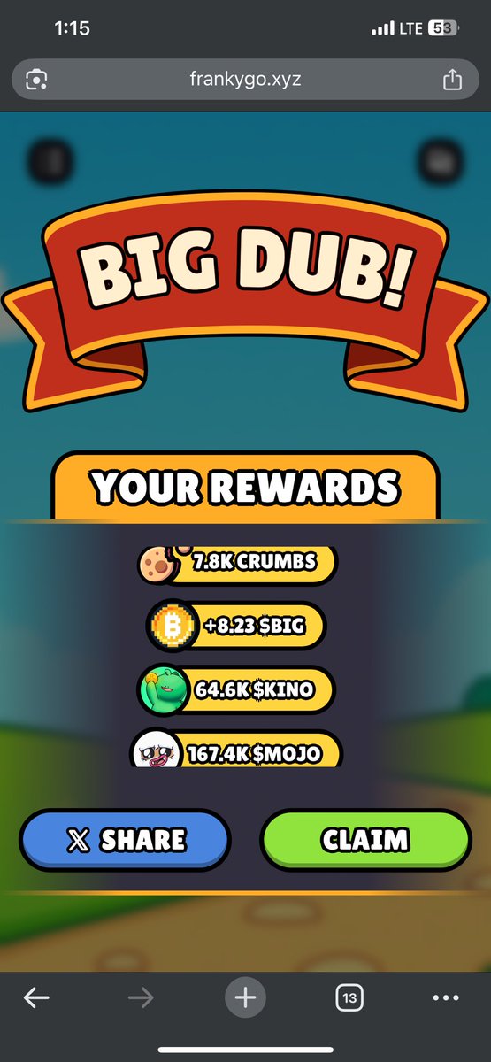 TBYoder's tweet image. Just WON a game in Franky Go! 🎮
Collected: 10.00 keys, 7850.00 crumbs, 8.23 big, 64627.98 kino, 167434.80 mojo

Play now: frankygo.xyz