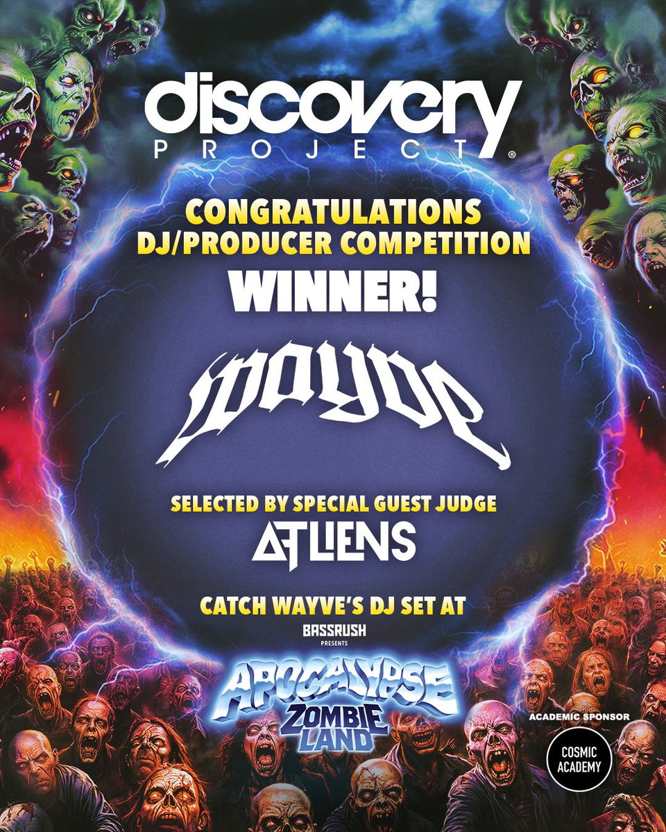 discoveryprjct's tweet image. Congratulations to our @apocalypsefest #DiscoveryProject winner, @wayvemusic! 🙌 Hand selected by our special guest judges, @ATLiensOfficial 🥳

Catch him at the Apocalypse Arena on Saturday, November 29th at 2PM! ⚡️