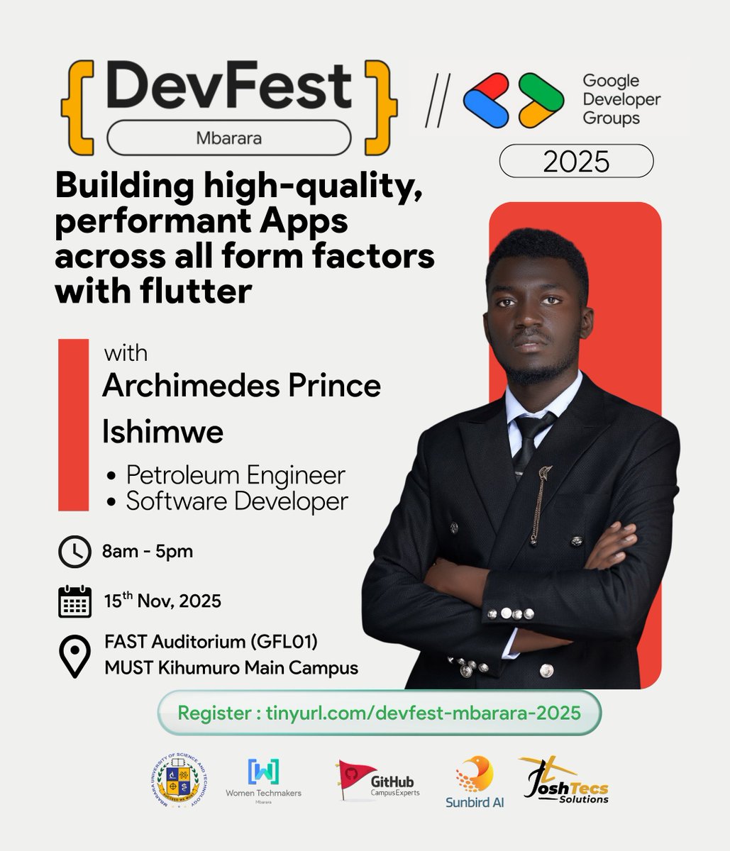 GDGCloudMbarara's tweet image. Join Archimedes Prince Ishimwe for his session at #DevFestMbarara 2025

&quot;Building high-quality, performant Apps across all form factors with Flutter&quot;

Discover the power of Flutter in creating beautiful, fast applications for mobile, web, and desktop from a single codebase.