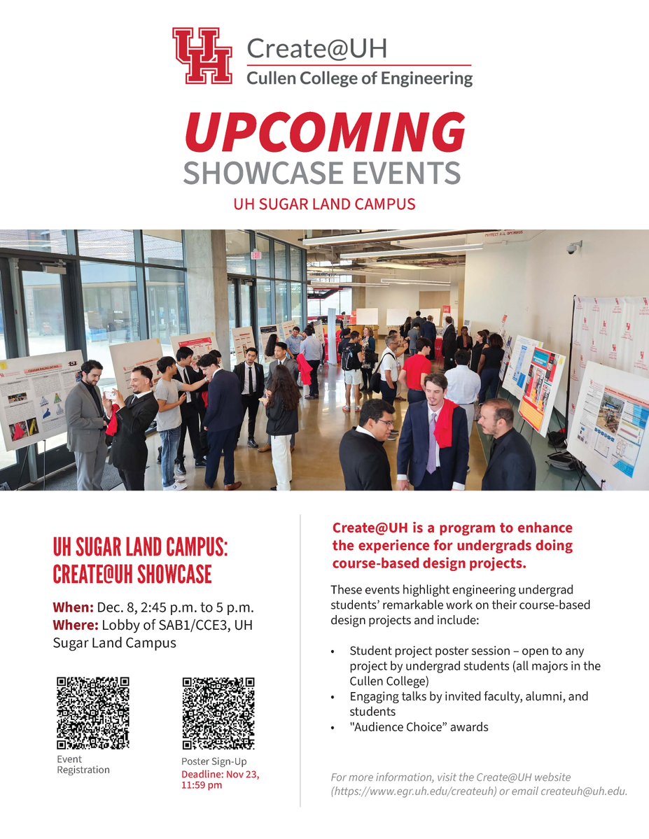 UHEngineeringSL's tweet image. 🚨Create@UH is back! And the Poster Sign-Up Deadline is quickly approaching! Nov. 23 at 11:59 p.m.

📍 Location: Lobby of SAB1/CCE3, UH Sugar Land
🕑 Date &amp;amp; Time: December 8 | 2:45–5:00 p.m.

More: egr.uh.edu/createuh