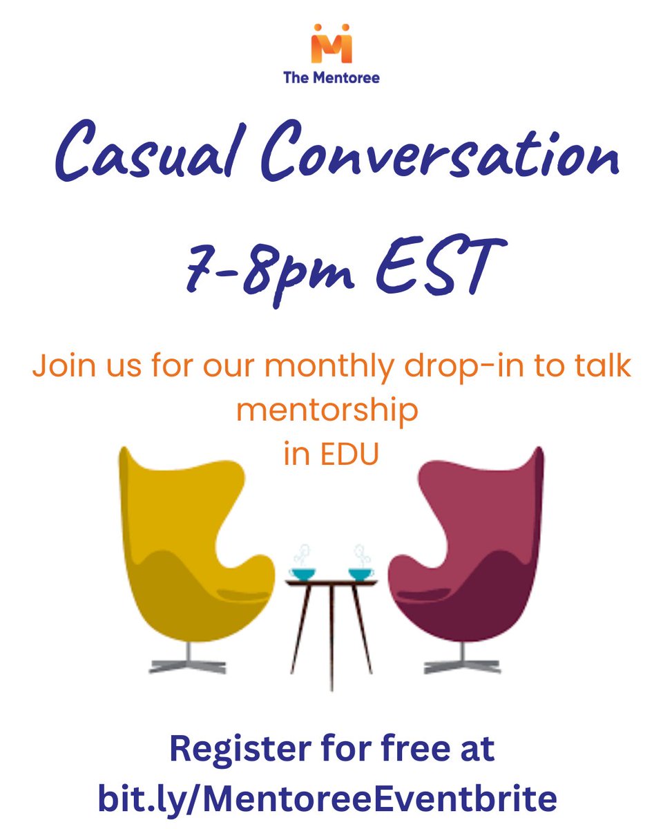 TheMentoree's tweet image. Our next Casual Conversation Drop-In is coming up on Thursday, November 20th, and you’re invited.
No agenda. No prep. Just educators coming together to talk about anything &amp;amp; everything mentorship.
Bring a question, a story, a challenge, or just yourself.
bit.ly/MentoreeEventb…