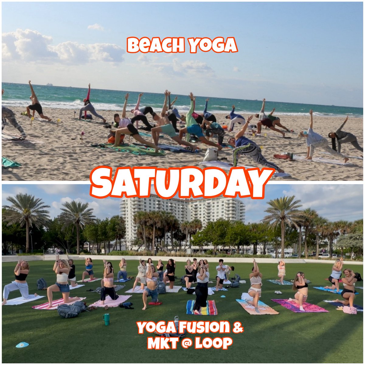 FortYoga's tweet photo. Saturday Choose your vibe 🧘🏽‍♀️

🐚 8:00 a.m. Beach Yoga 

🌴 9:30 a.m. Yoga Fusion &amp; Mkt @ @theloopftl 

🌐 Fort Lauderdale Beach Yoga &amp; Fitness
🎟️ Get your tickets and learn more below:
🔗 https://t.co/VxPztd4rw4 https://t.co/gCiQ7z4LdZ