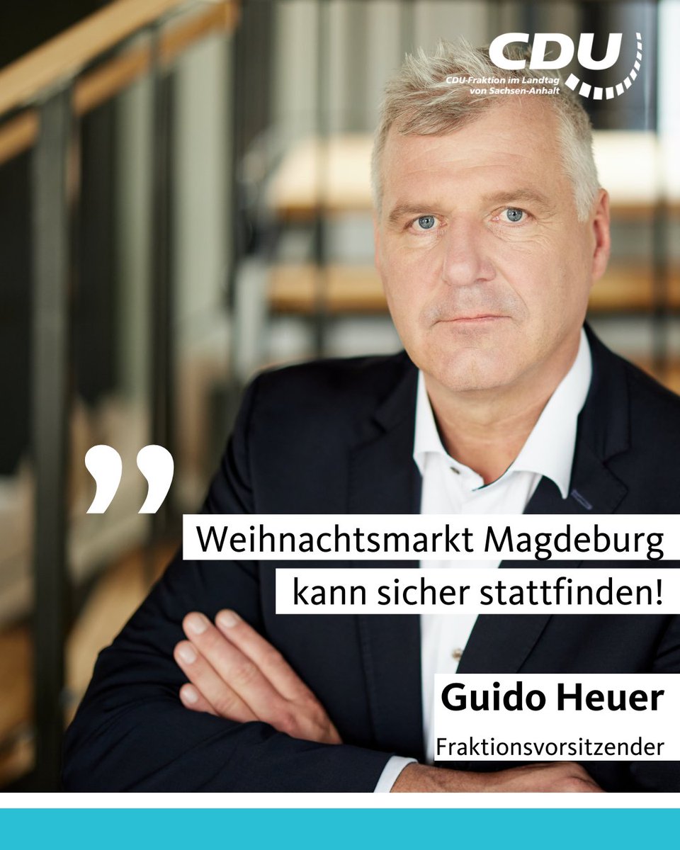 #ltlsa Weihnachtsmarkt Magdeburg kann sicher stattfinden. Die #CDU-Fraktion im Landtag von Sachsen-Anhalt begrüßt die Einigung zur Durchführung des Weihnachtsmarktes in Magdeburg. 

Dazu sagt CDU-Fraktionschef <a href="/GuidoHeuer/">Guido Heuer</a> in der PM:
cdufraktion.de/2025/cdu-frakt…