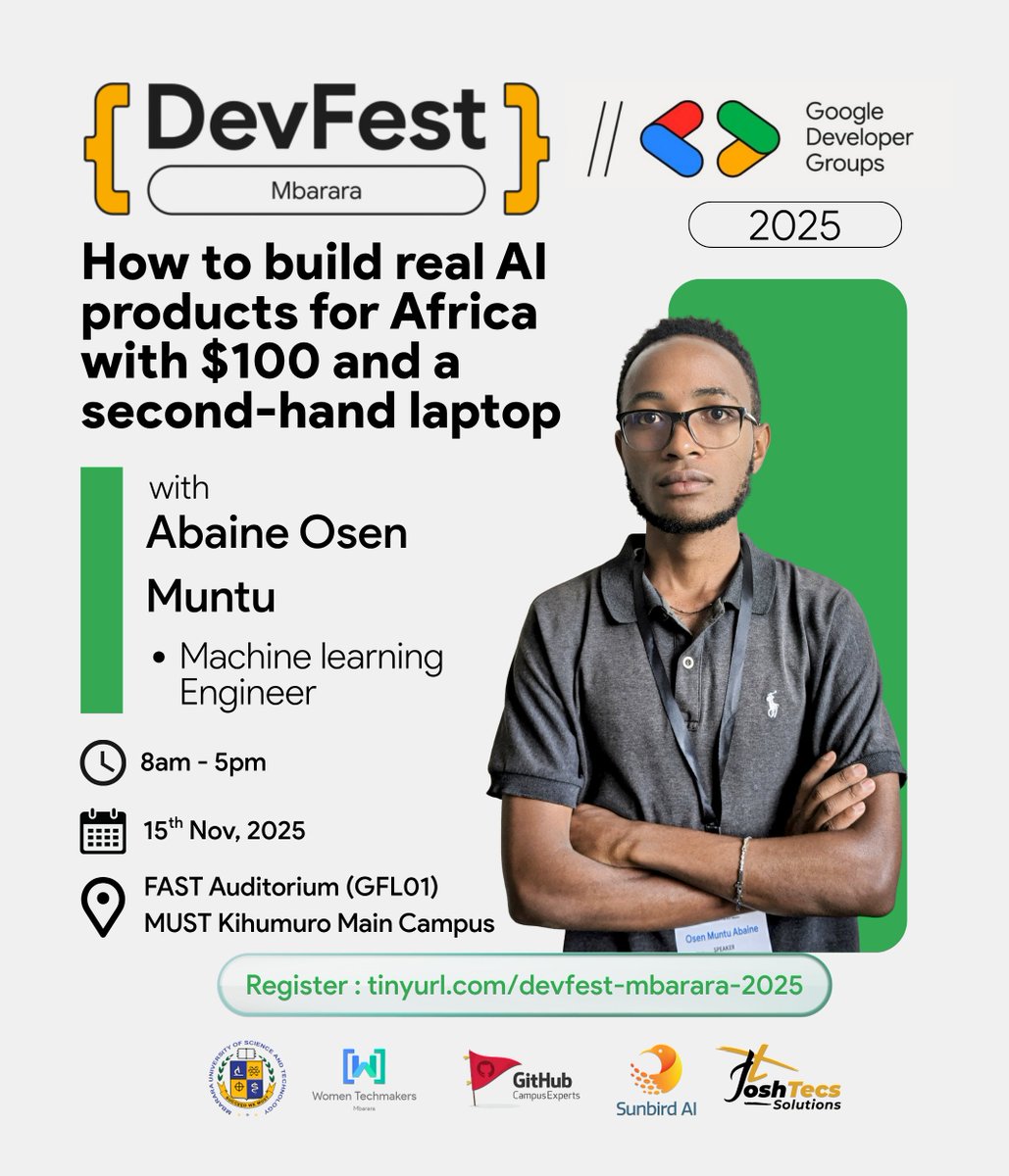 GDGCloudMbarara's tweet image. Don&apos;t let resources limit your innovation. Abaine Osen Muntu presents: &quot;How to build real AI products for Africa with $100 and a second-hand laptop&quot;

Learn practical, low-cost strategies for developing and deploying functional AI solutions with minimal resources. 
#DevFestMbarara