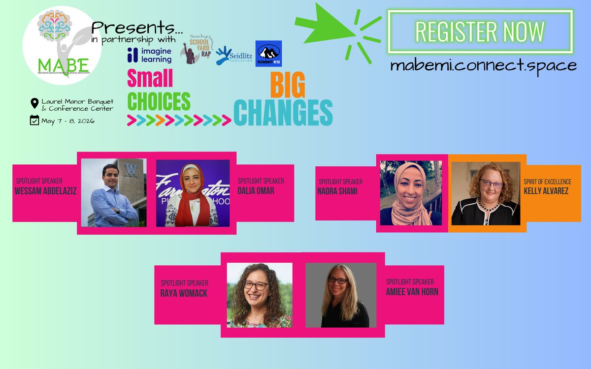 🌟 Excited to announce our 2026 MABE Spotlight Speakers—exceptional Michigan educators whose dedication and expertise make this conference possible.  Join us May 7–8 to learn from their incredible work! Register: mabemi.connect.space
#MABE2026 #SmallChoicesBigChanges