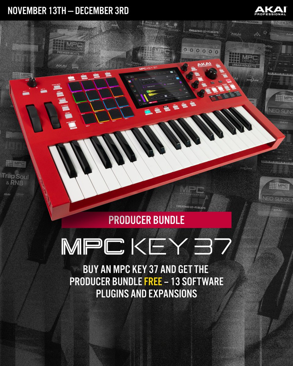 Akai_Pro's tweet photo. 🎁 Level up your studio for the holidays!

For a limited time, pick up an MPC ONE+ or MPC Key 37 and get FREE software bundles packed with plugins + expansions to get started.  Offer ends December 3rd.

MPC Key 37 - https://t.co/hTuXzXDE8k
MPC ONE+ - https://t.co/r7cyGuLwLY https://t.co/WSTFnKZEIT