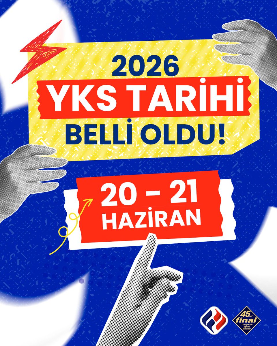 Merhaba Final’li!
Geri sayım başladı: YKS 2026 → 20–21 Haziran. ⏳
Final Okulları’nın güçlü akademik kadrosu ve rehberlik sistemiyle hedeflerine emin adımlarla ilerle!

Bu gönderiyi YKS’ye hazırlanan arkadaşlarına göndermeyi unutma. 🙃

#FinalOkulları #YKS2026