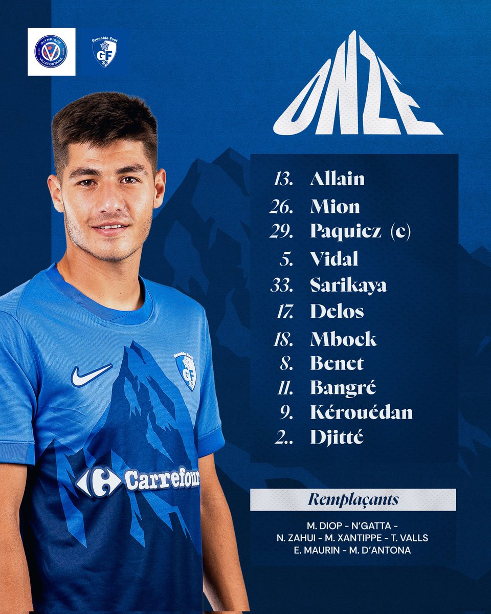 GF38_Officiel's tweet image. 📝 Voici les 11 Grenoblois alignés pour débuter ce 7e tour de Coupe de France face à l’Olympique Villefontaine.
 #OVGF38