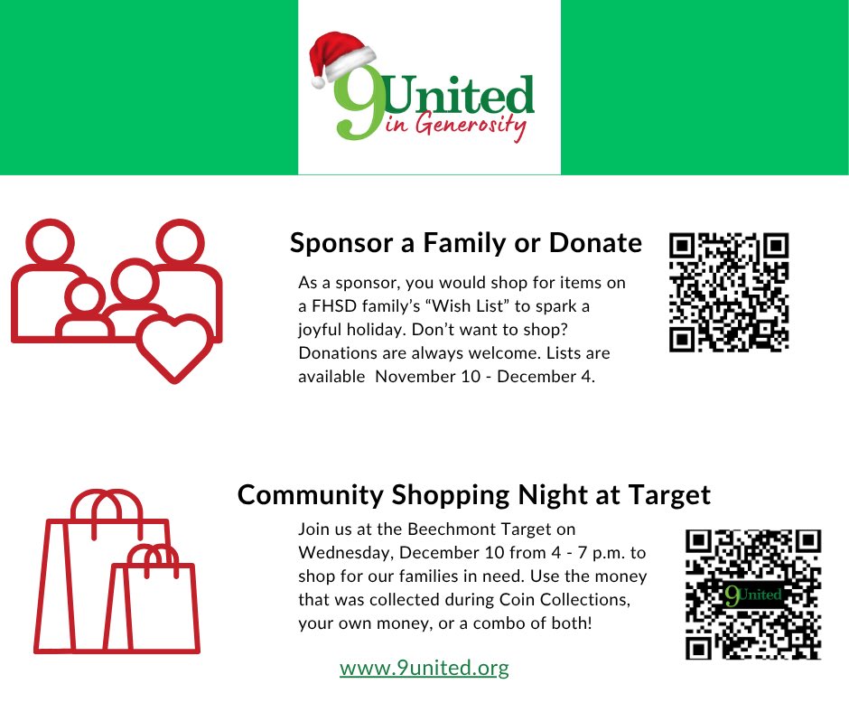 AHSPTO's tweet image. Tis The Shop &amp;amp; Share Season🎁
Would you like to help a FHSD family's holiday be a little brighter? Request a “Wish List” or Donate here: 9united.wufoo.com/forms/z8atxsp1…
Save the Date for  @9UnitedLeaders Community Shopping Night at Target on December 10th!
