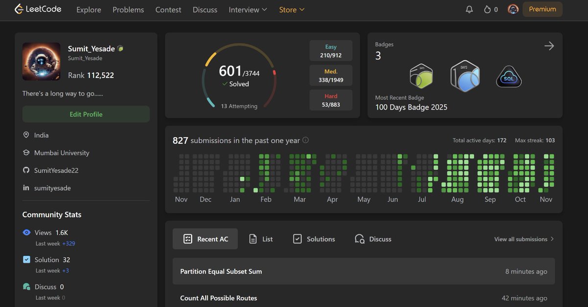 Sumit_Yesade's tweet image. This is what last few months have been. Practicing DSA has now become a habit which was once a fear. Keep doing, keep learning, keep practicing until these fears turn into an easy habit. Work hard ⭐

#leetcodeprogress 
#LeetCode