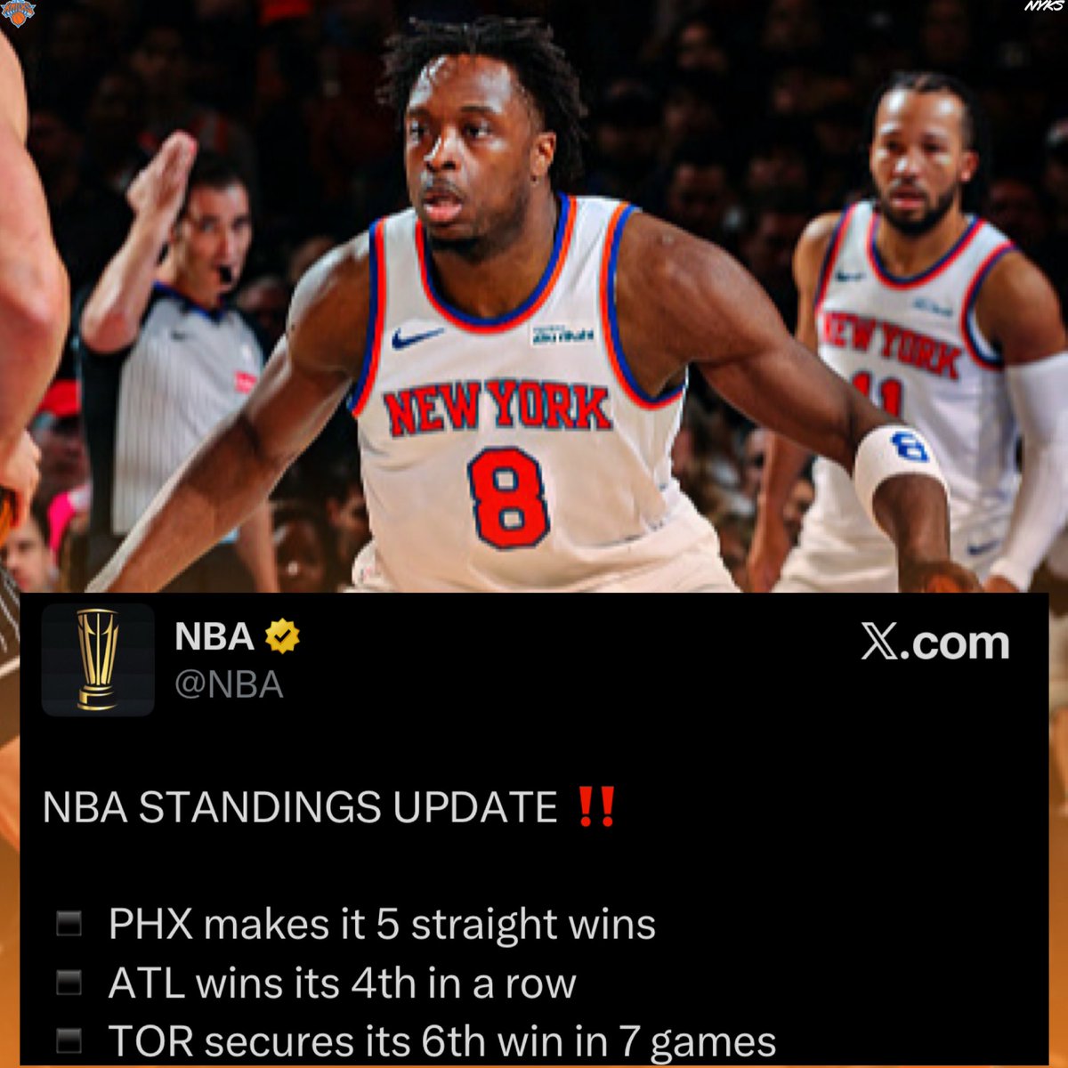 nyksource's tweet image. The Knicks moved back up one spot to the second seed from the third seed following last nights’s NBA’s games. 🔥👏

📸: @nba.

#OGAnunoby #NBA #NBAStandings #NewYorkForever #nyksource