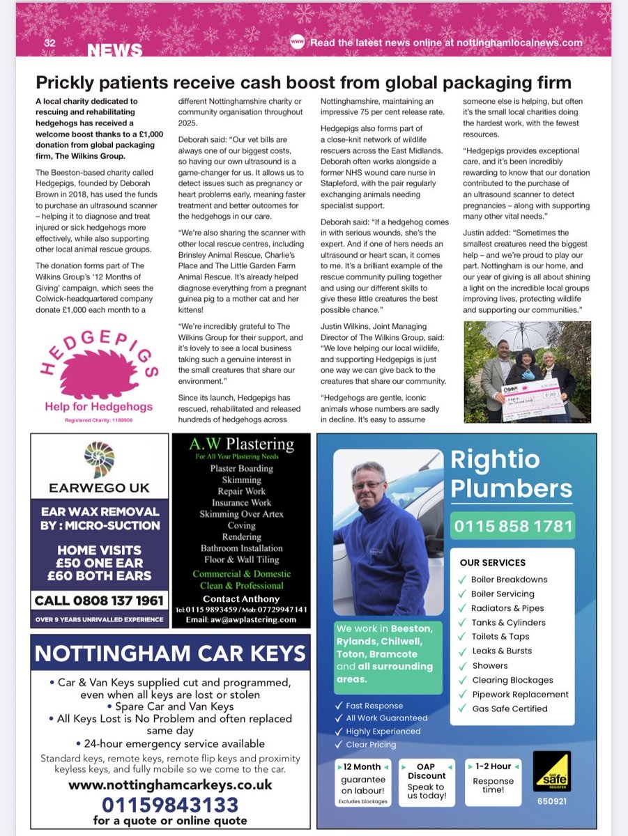 Huge thanks to Beeston Local News for featuring our recent donation to Hedgepigs! Our donation went towards a new ultrasound scanner to save the charity thousands of pounds in vets bills! We loved visiting them and hearing all about their amazing work!