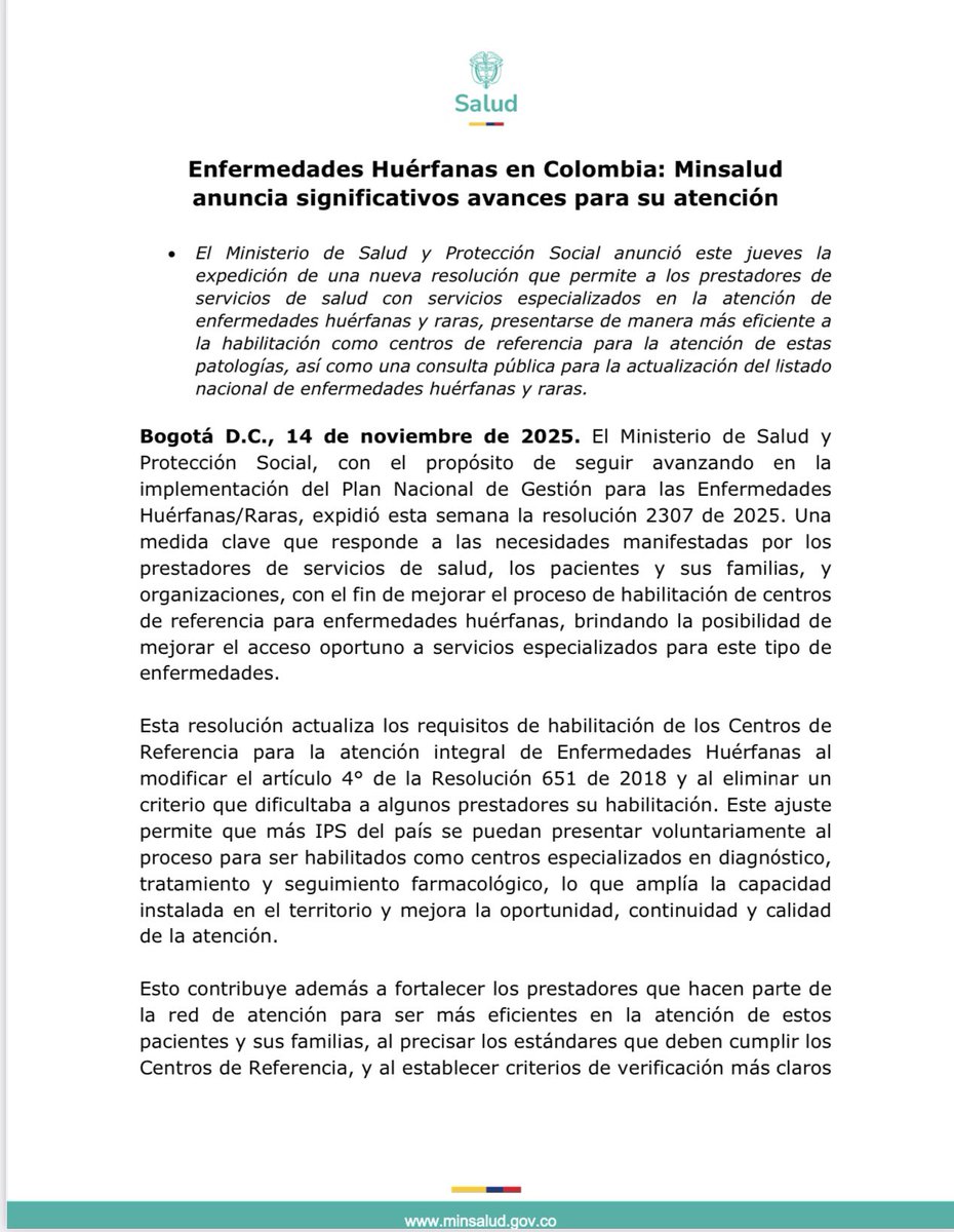 MinSaludCol's tweet image. #Comunicado | #Minsalud anunció una nueva resolución que permite a los prestadores especializados en enfermedades huérfanas y raras habilitarse de manera más ágil como centros de referencia, y abrió una consulta pública para actualizar el Listado Nacional de estas patologías,…