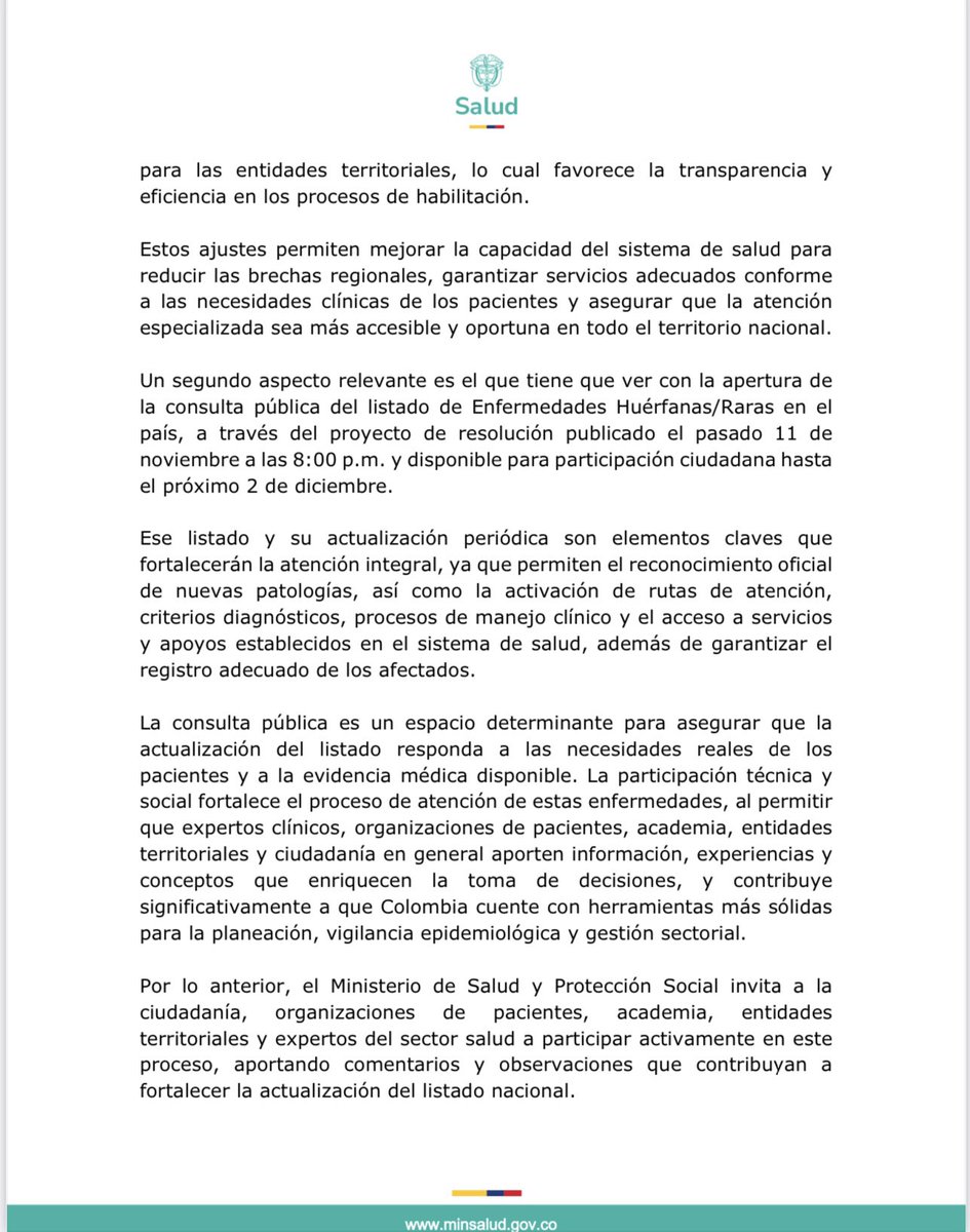 MinSaludCol's tweet image. #Comunicado | #Minsalud anunció una nueva resolución que permite a los prestadores especializados en enfermedades huérfanas y raras habilitarse de manera más ágil como centros de referencia, y abrió una consulta pública para actualizar el Listado Nacional de estas patologías,…