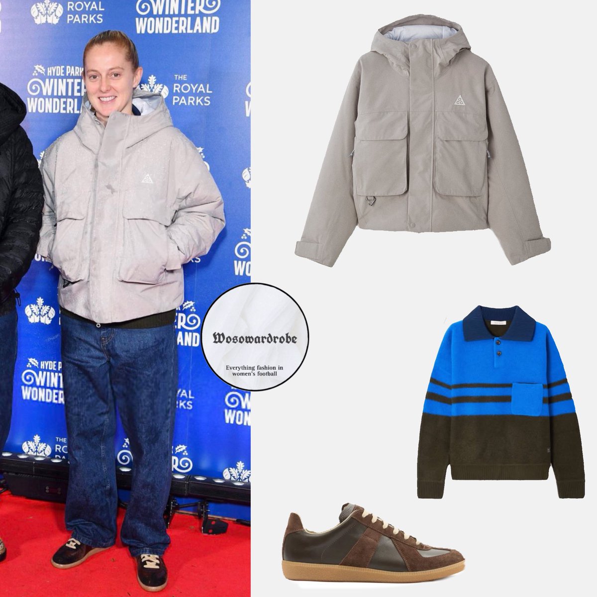 Leah Williamson and Keira Walsh 

Leah rocked Nike’s quilted Therma-FIT cropped jacket (£178) paired with the Air More Uptempo Low AMBUSH in Vivid Sulfur Limestone.
Keira kept it luxe casual in Wales Bonner’s calm striped wool-blend polo (£595) and a Nike ACG jacket