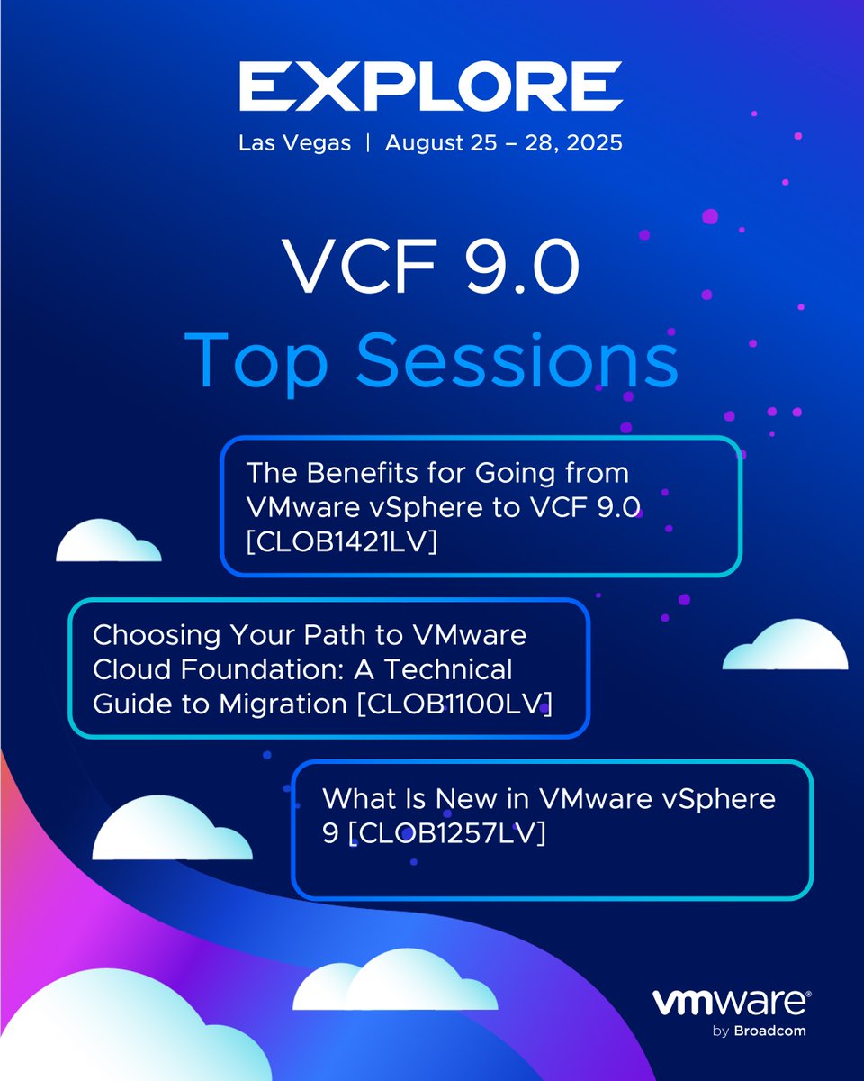 VMwareExplore's tweet image. Elevate your private cloud strategy with insights from #VMwareExplore 2025. Explore highlights from key #VCF9 sessions, covering migration, automation, security, &amp;amp; recovery. Read all 5 in the blog: brcm.tech/4njbYTe
