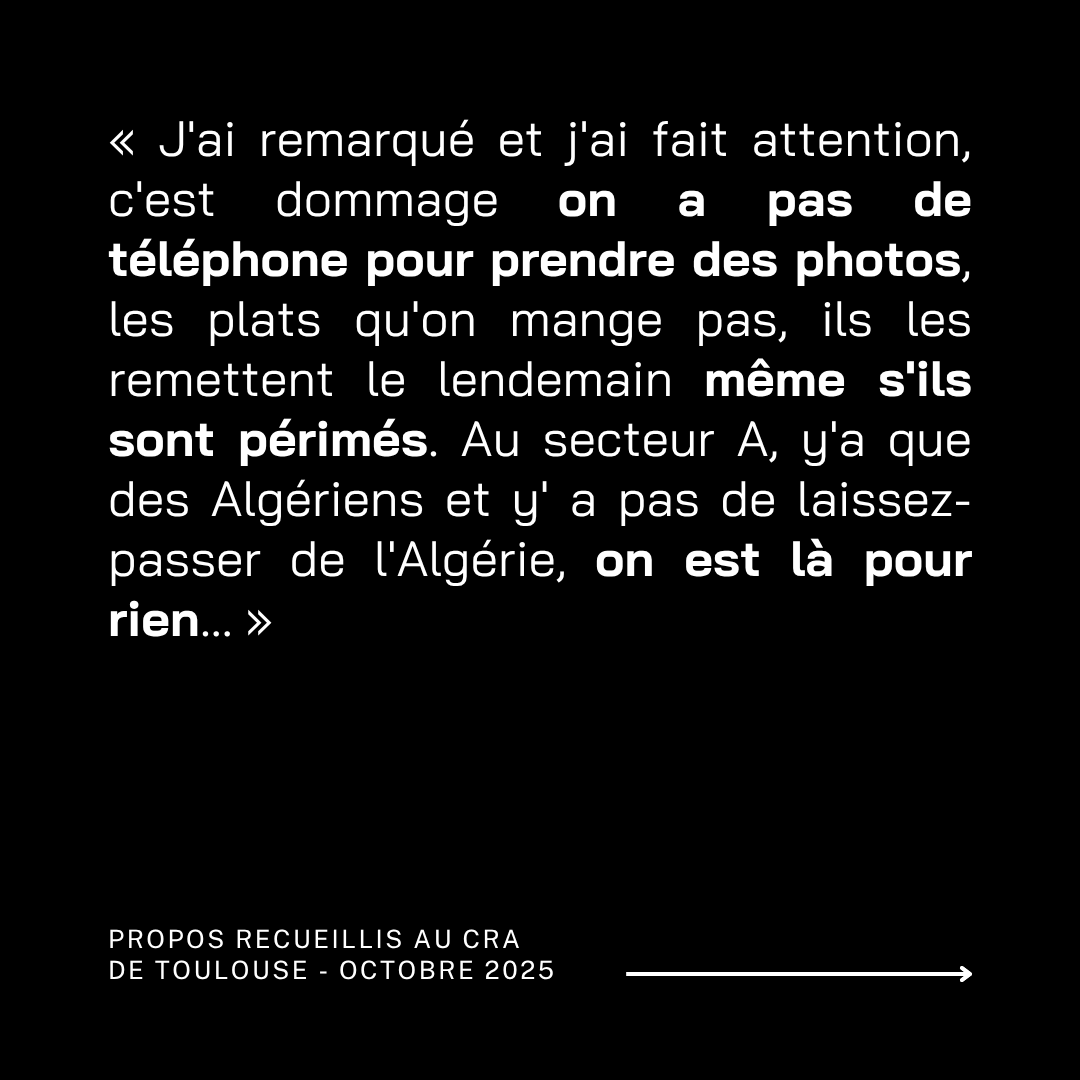Témoignage d'une personne enfermée au CRA de Toulouse

Pour avoir l'intégralité du témoignage et en savoir plus sur les CRA : toulouseanticra.noblogs.org

Ni CRA, ni prison, ni expulsions !
À bas le racisme d’État ! 🔥

#ABasLesCRA #RacismeDEtat
#Imperialism #colonialism