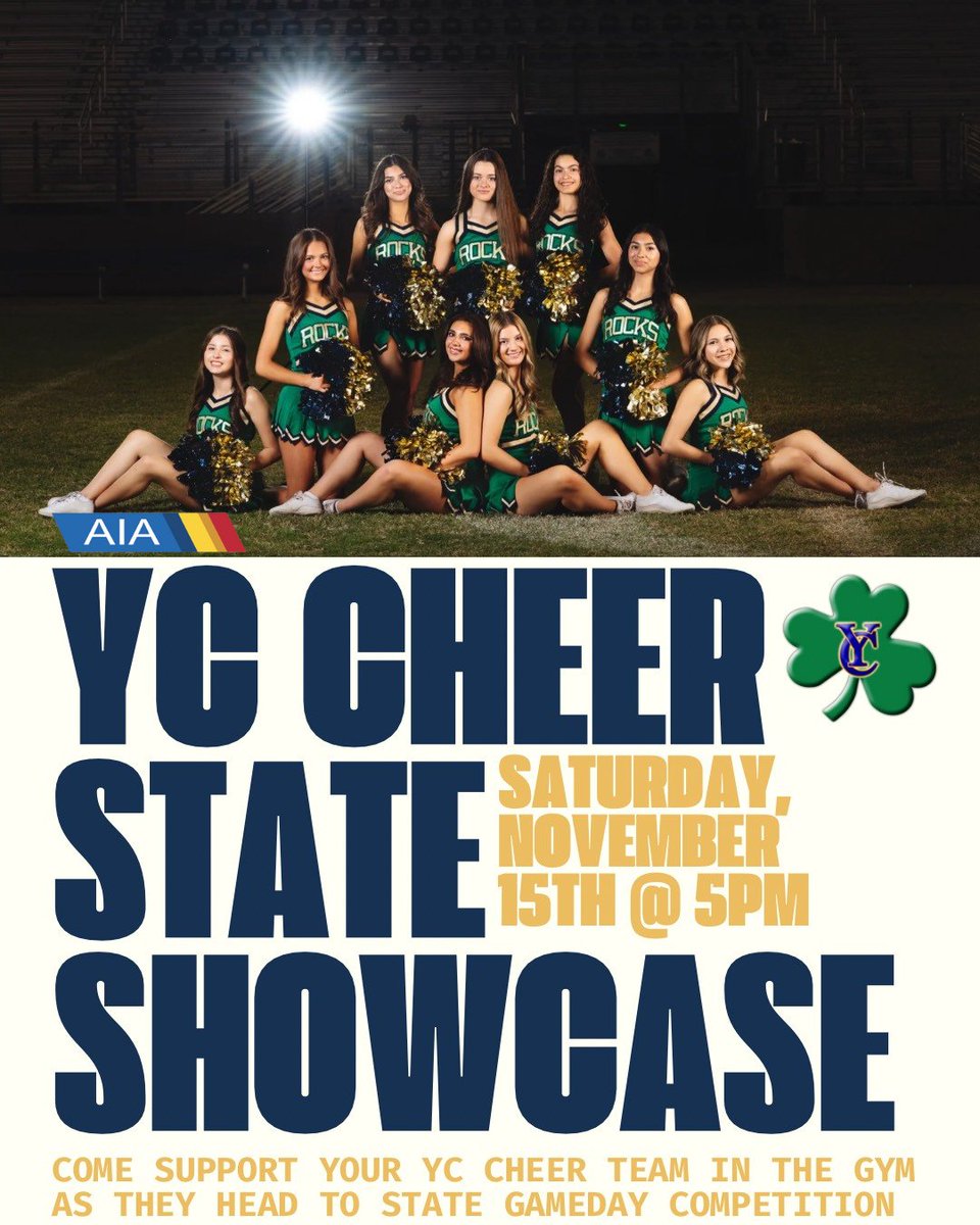 Game tonight — then more cheering tomorrow! 🙌 Don’t miss the YC Lady Shamrocks at the Cheer State Showcase — Sat, Nov 15 at 5 PM in the gym! They’re headed to the AIA State Spiritline Division IV Championship. Bring family &amp; cheer loud — let’s send them off strong! 📣💫