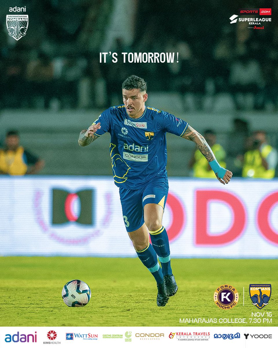 It’s Tomorrow!

🆚 Forca Kochi FC
🗓️ Nov 15th, 2025 | 7:30 Pm
🏟️Maharajas College Ground, Kochi

📺 Watch live on Sports.com

#ennumkombans #kombansfc #superleaguekerala #thiruvananthapuramkombansfc

<a href="/slk_kerala/">Super League Kerala</a> <a href="/AdaniOnline/">Adani Group</a> <a href="/AdaniSportsline/">Adani Sportsline</a>
<a href="/hospital_kims/">KIMSHEALTH</a> <a href="/JPMcAloon/">James McAloon</a>
