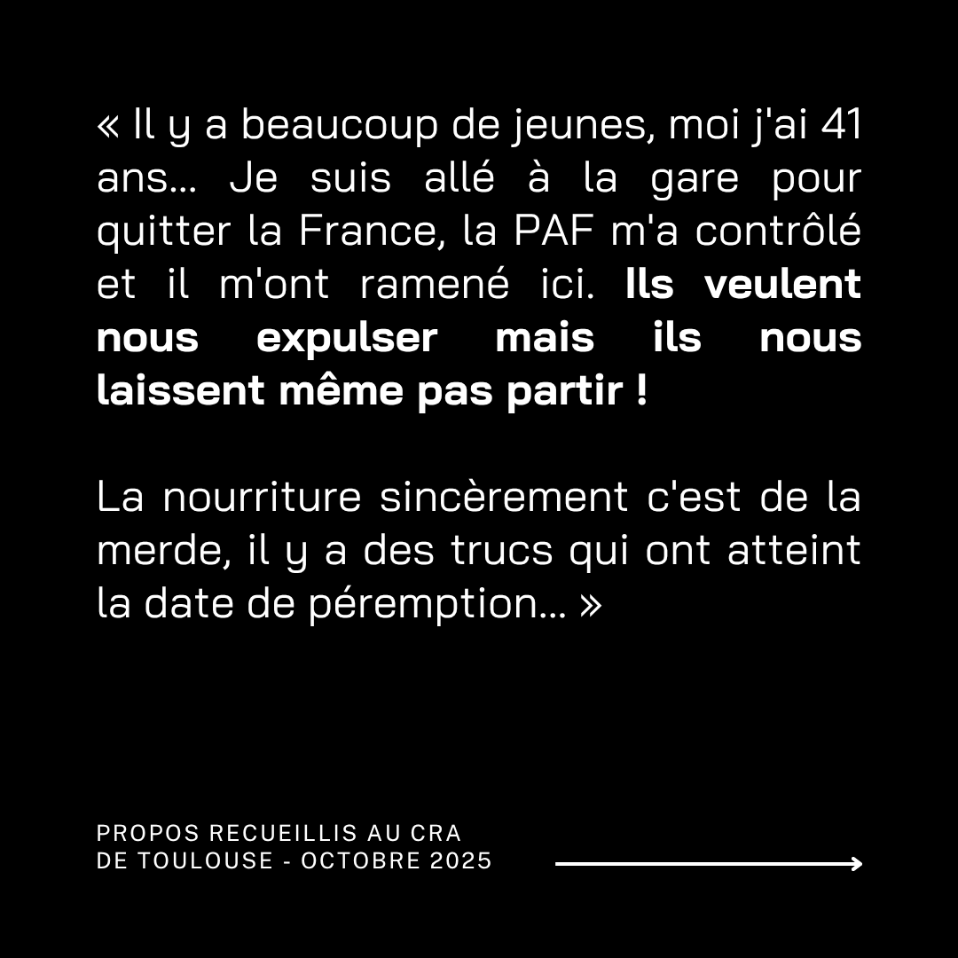 Témoignage d'une personne enfermée au CRA de Toulouse

Pour avoir l'intégralité du témoignage et en savoir plus sur les CRA : toulouseanticra.noblogs.org

Ni CRA, ni prison, ni expulsions !
À bas le racisme d’État ! 🔥

#ABasLesCRA #RacismeDEtat #Imperialism #colonialism