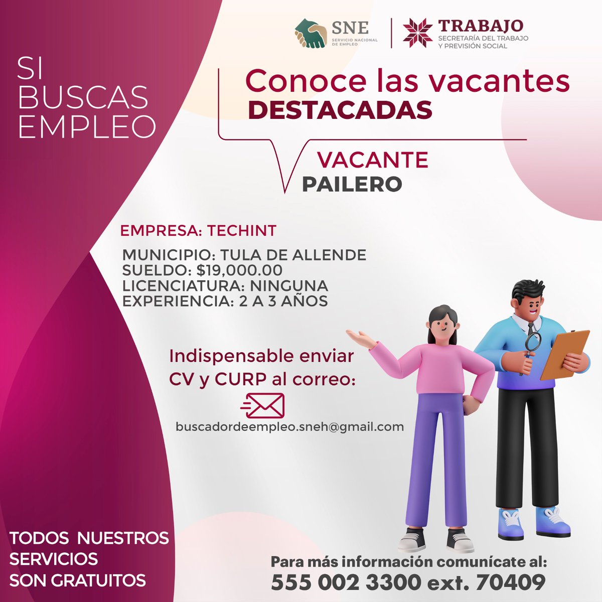 strabajohgo's tweet image. Te presentamos las vacantes más destacadas disponibles.
Si estás interesado en alguna vacante envía tu currículum vitae y CURP al correo:
buscadordeempleo.sneh@gmail.com
Haz click 👉 facebook.com/share/p/1ARVCa…
#PrimeroElPueblo