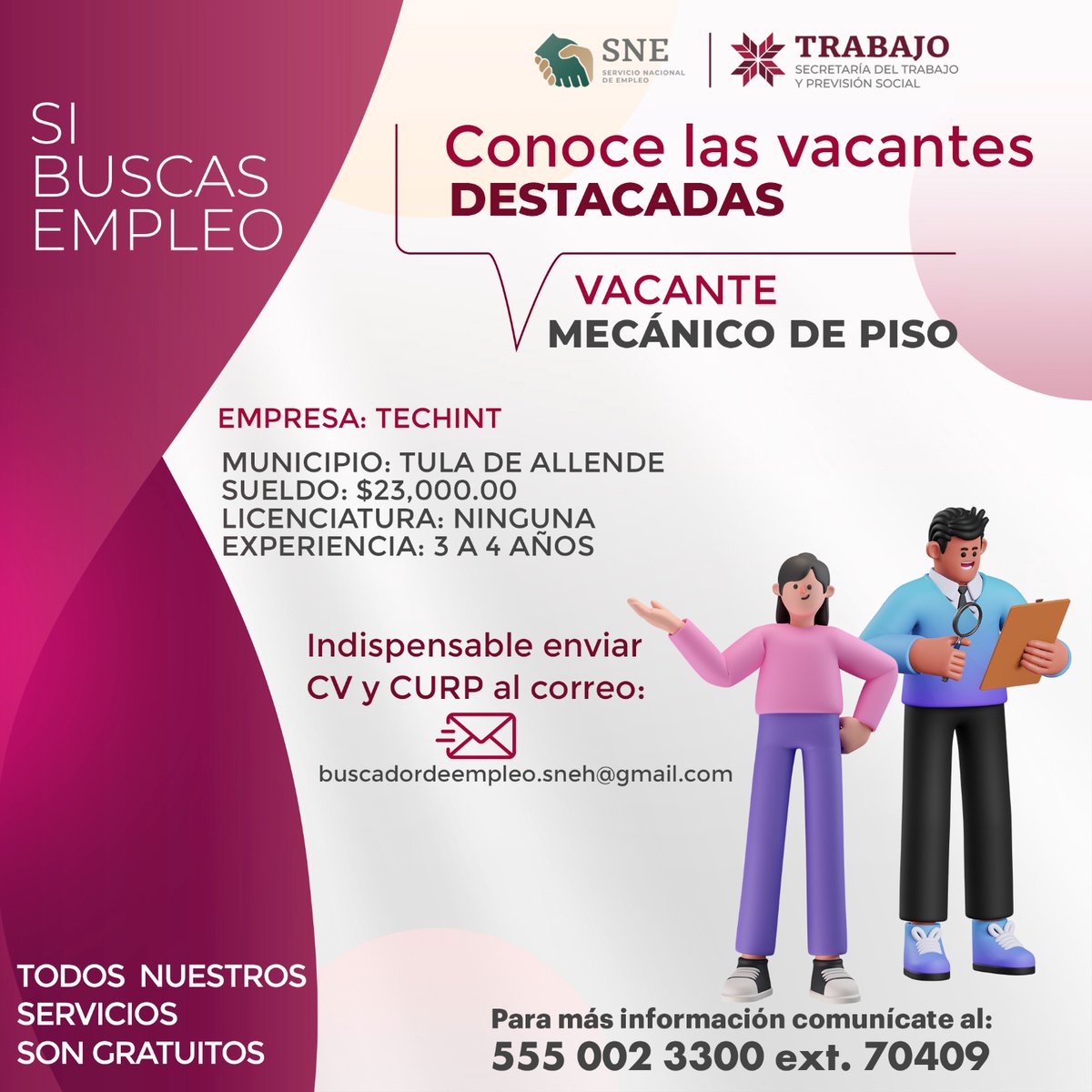 strabajohgo's tweet image. Te presentamos las vacantes más destacadas disponibles.
Si estás interesado en alguna vacante envía tu currículum vitae y CURP al correo:
buscadordeempleo.sneh@gmail.com
Haz click 👉 facebook.com/share/p/1ARVCa…
#PrimeroElPueblo