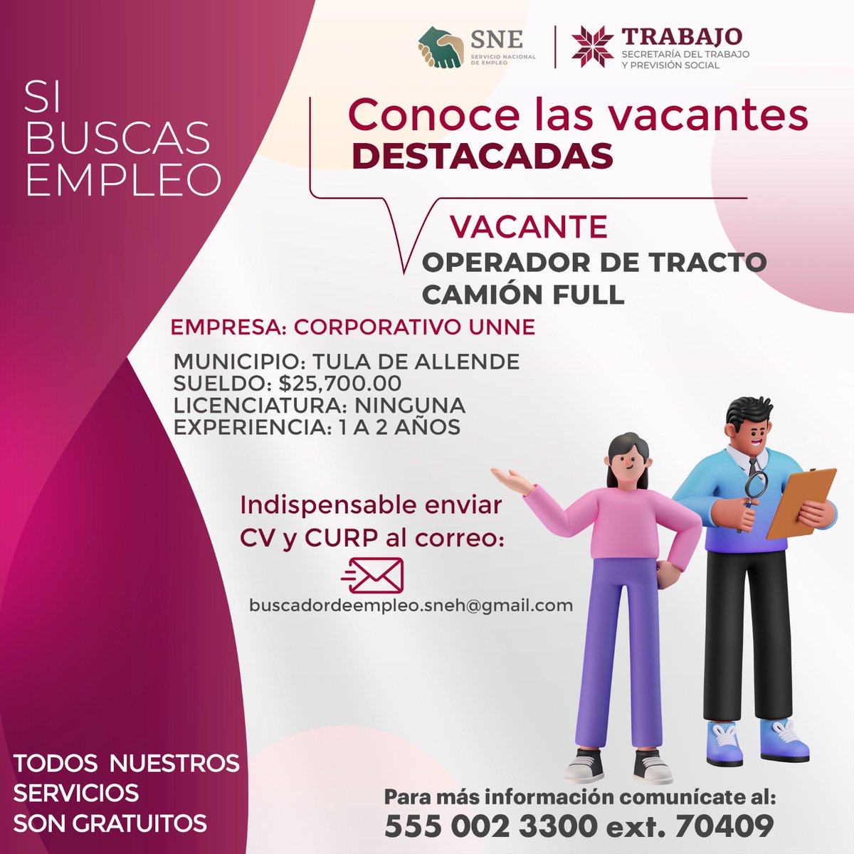 strabajohgo's tweet image. Te presentamos las vacantes más destacadas disponibles.
Si estás interesado en alguna vacante envía tu currículum vitae y CURP al correo:
buscadordeempleo.sneh@gmail.com
Haz click 👉 facebook.com/share/p/1ARVCa…
#PrimeroElPueblo