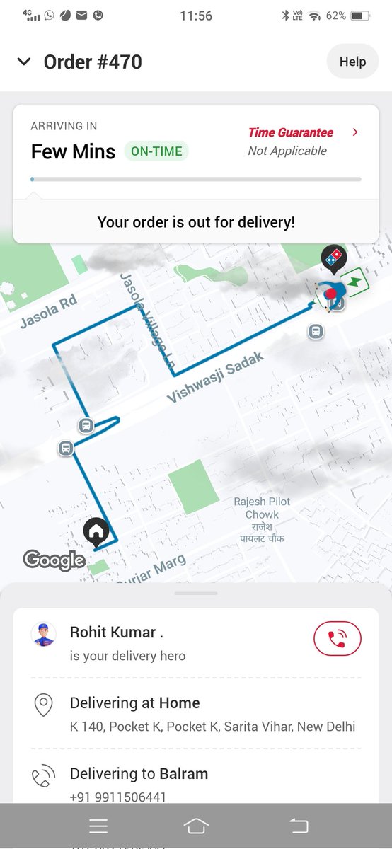 balram_sharma's tweet photo. @dominos order no 470, which was ordered at 10PM, showing 'arriving in few minutes' for last 45 minutes...if you don't want to deliver then why don't you cancel the order...its 12 AM now....all this is happening when outlet is 600 meter away only.... https://t.co/ufV5s7Kt52