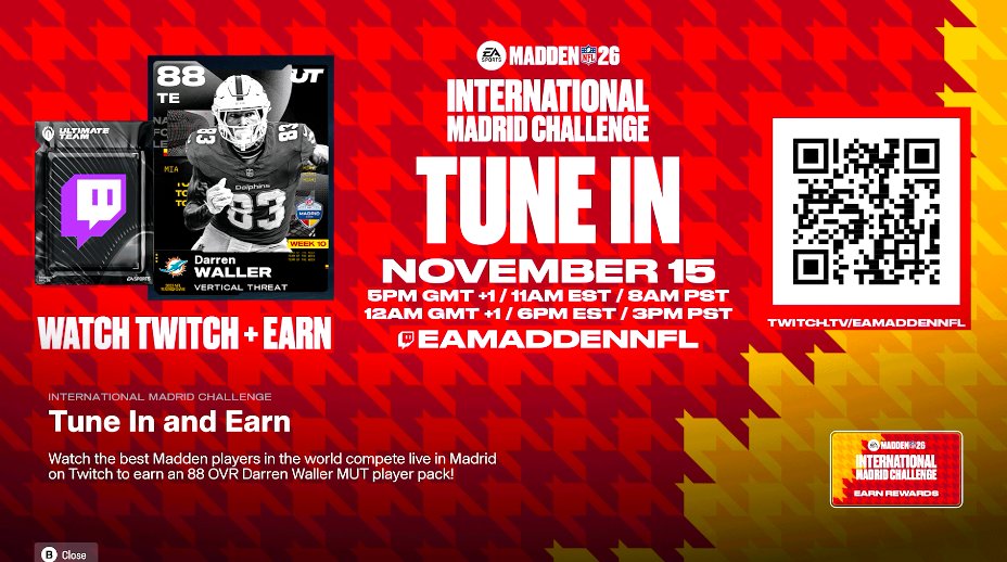 Free Darren Waller for watching the Madrid Event tomorrow at 11am - 6pm est

<a href="/EAMaddenNFL_MCS/">Madden Championship Series</a> drop those stats👀
