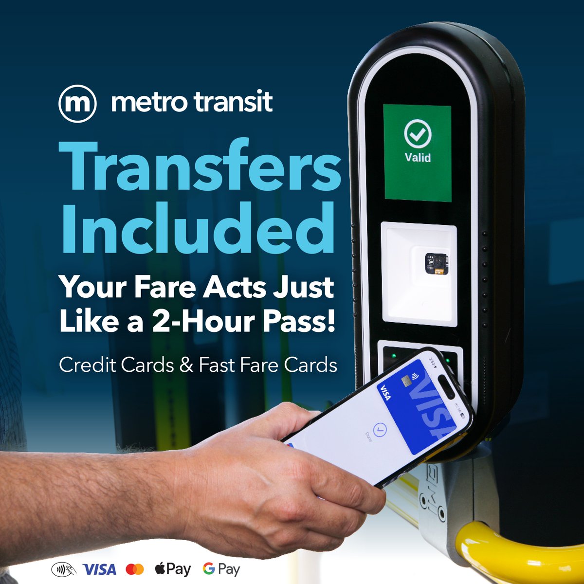 Your Fare Acts Like a 2-Hour Pass! 💳🚍
Be sure to tap the same physical card or the same virtual wallet card every time you ride to receive your automatic 2-hour transfer for your connecting ride.
Learn more at MyMetroBus.com/CreditCards