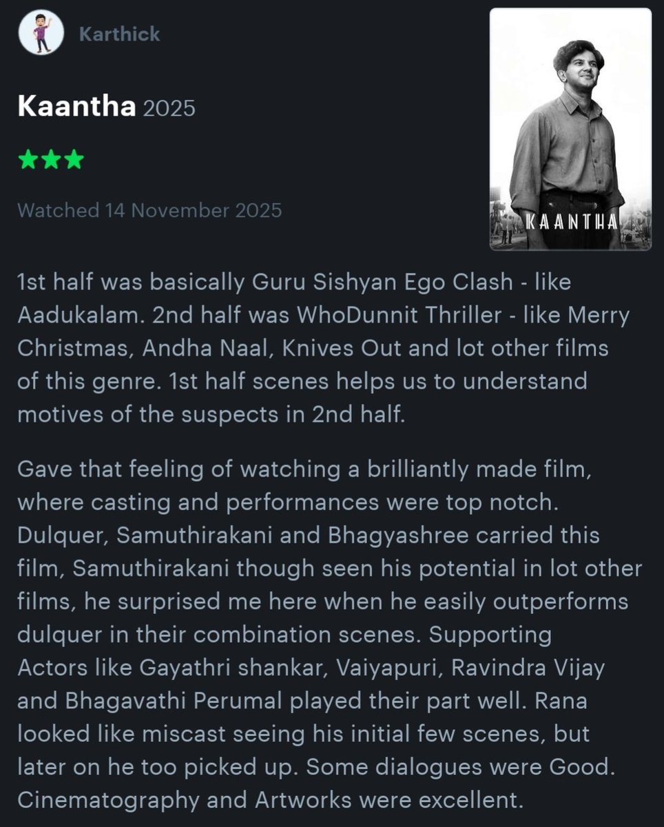 KarthickCdm's tweet photo. My ★★★ review of #Kaantha on @letterboxd: https://t.co/k6YYIyxNVf #Karthicdm_Reviews #KarthicdmReviews #KaanthaReview https://t.co/OQdgbaMArP