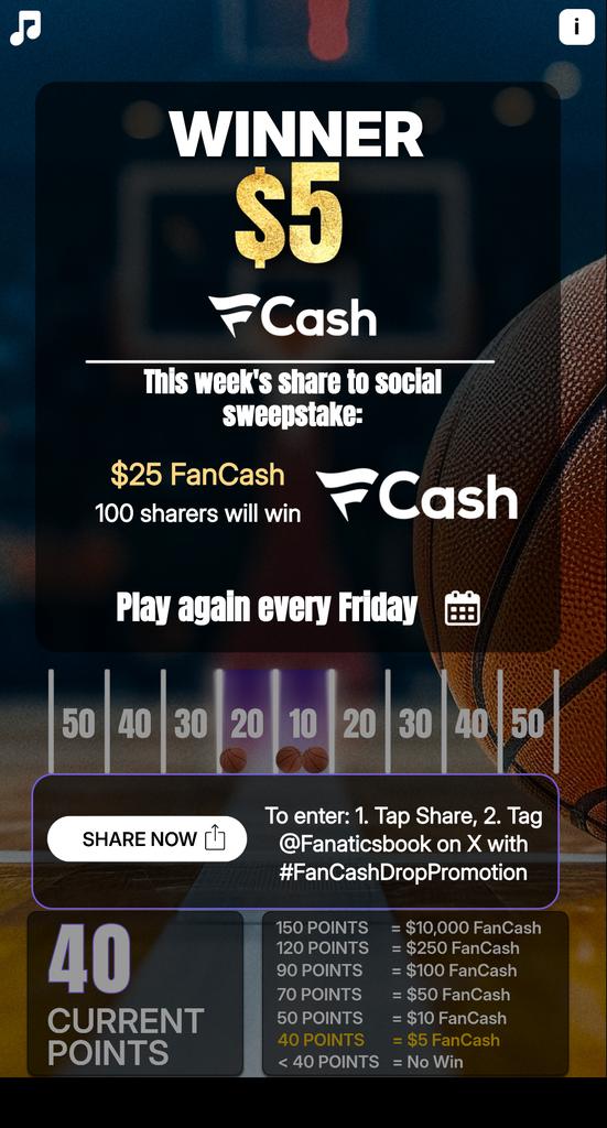 Play the #FanCashDropPromotion today
fanatics.onelink.me/5kut/p6fykbjo

Another $5 of FREE FanCash to use towards the NBA games tonight. Thanks <a href="/FanaticsBook/">Fanatics Sportsbook</a>!