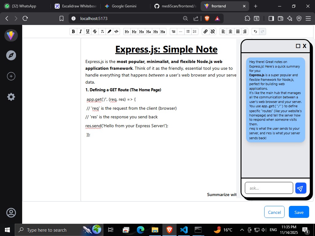 PremMaurya723's tweet image. Big update: StudySync’s notes editor now has AI-powered summarization! One click to condense notes. Faced plenty of bugs today, but finally got it live. Loving this new feature! 🚀📝 #BuildInPublic #AI #StudySync #webdevelopmentcommunity