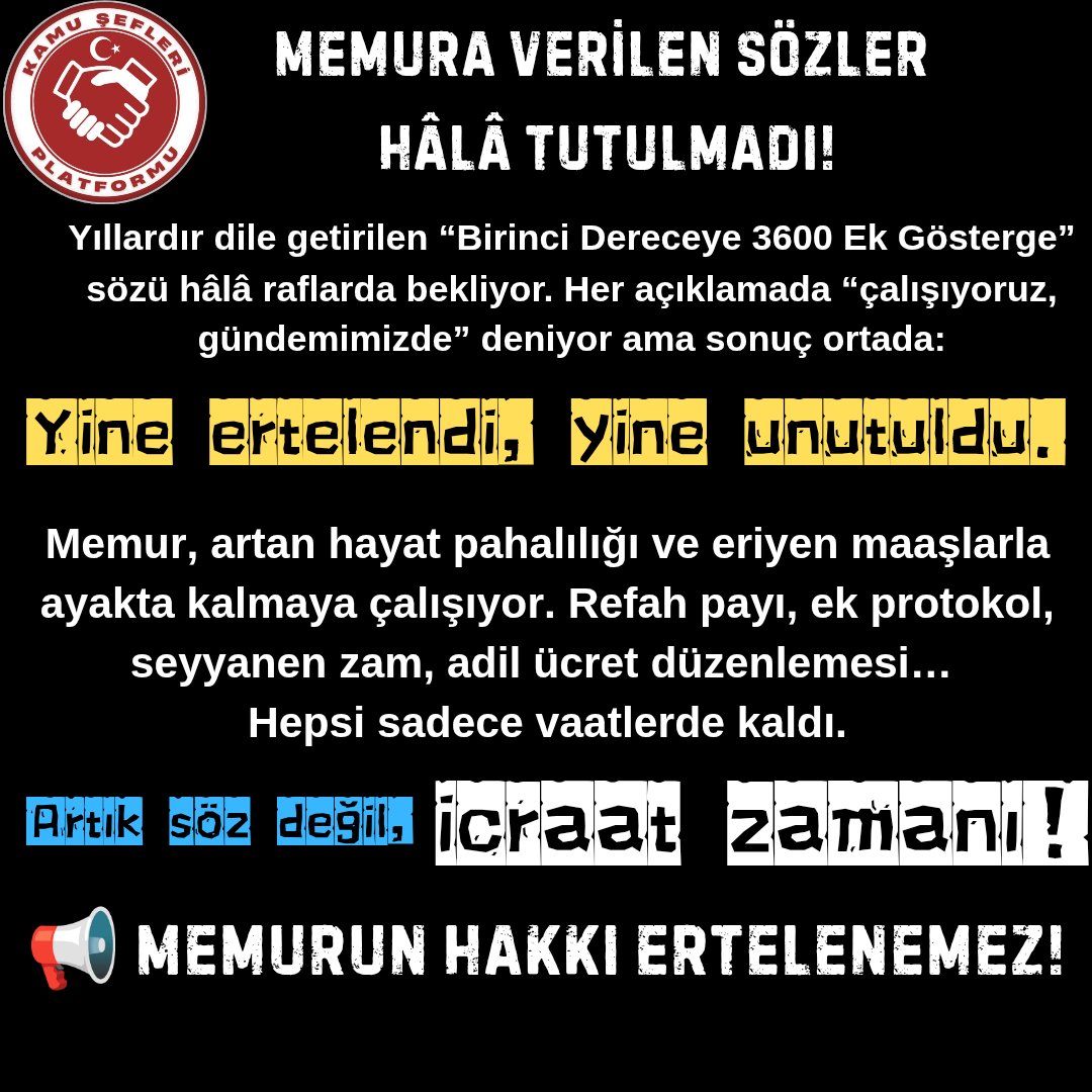 KamuSefleri's tweet photo. 📉 Memur da, emekli de enflasyonun yükü altında eziliyor…
⏰ Artık beklemek değil, gereğini yapmak zamanı!

💸 Refah payı, 💰 seyyanen zam, 👔 Birinci Dereceye 3600 Ek Gösterge
ve ⚖️ adil maaş düzenlemesi hemen hayata geçirilmeli!
@RTErdogan @isikhanvedat @efkanala
#KamuŞefleri https://t.co/O27pGR2FOr