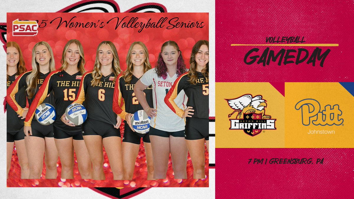 VB: Its Senior Night on the Hill as the Griffins host Pitt Johnstown in an important PSAC West matchup.  Match is set for a 7 PM start.
Live stats: athletics.setonhill.edu/sidearmstats/w…
Live video: westmorelandsports.com