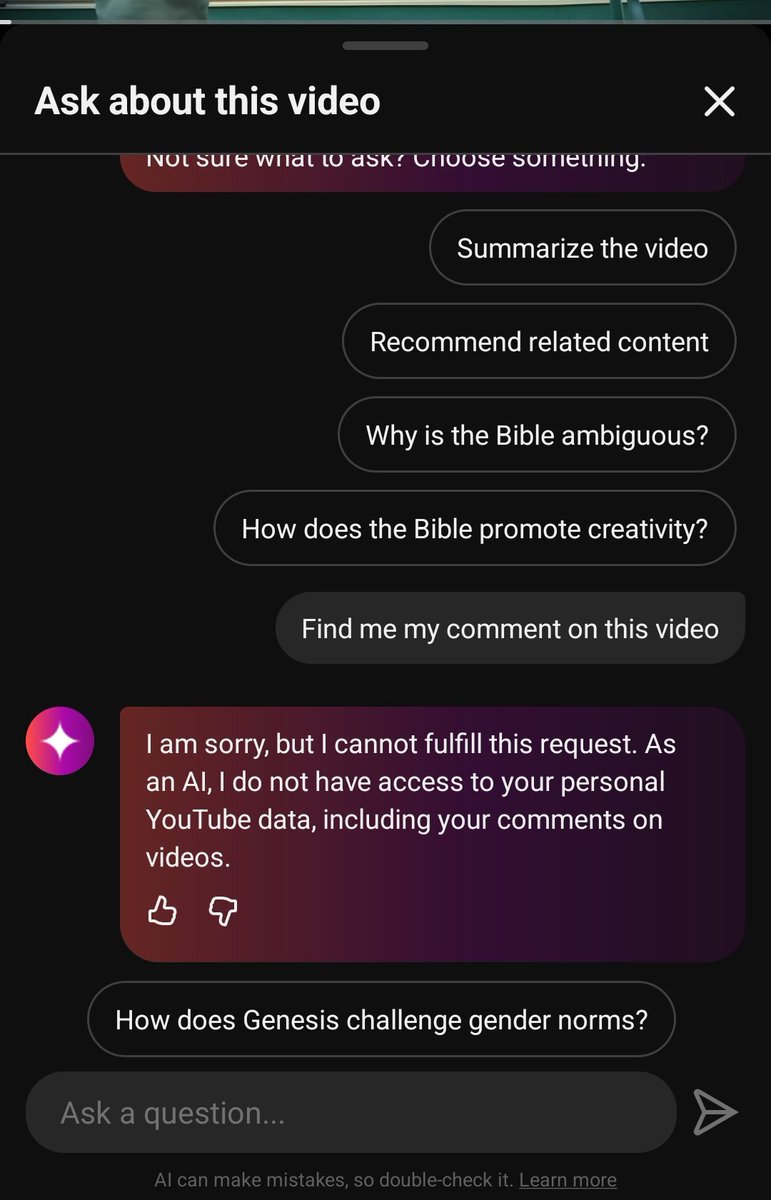 Why not <a href="/YouTube/">YouTube</a> AI? Seems like a basic thing you should be able to do
